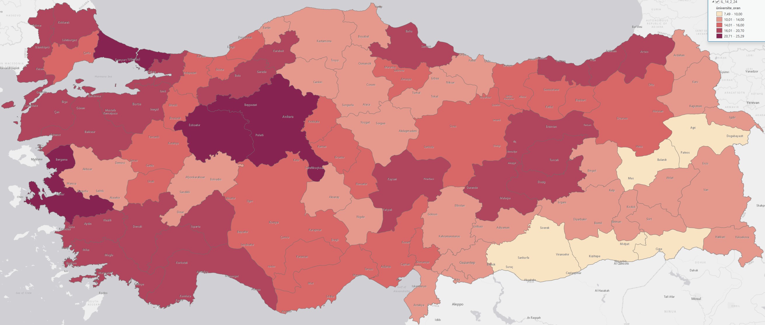 İLDEKİ ÜNİVERSİTE MEZUNLARININ NÜFUSA ORANI HARİTASI